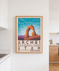 Minimal travel-poster wall art of Delicate Arch with wide sky background