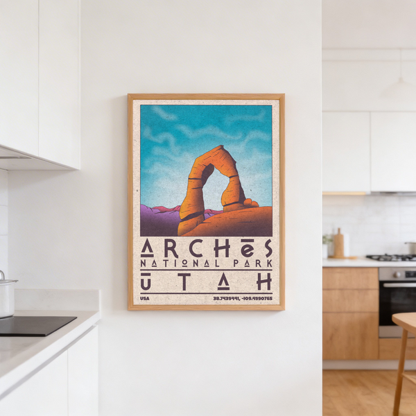 Minimal travel-poster wall art of Delicate Arch with wide sky background