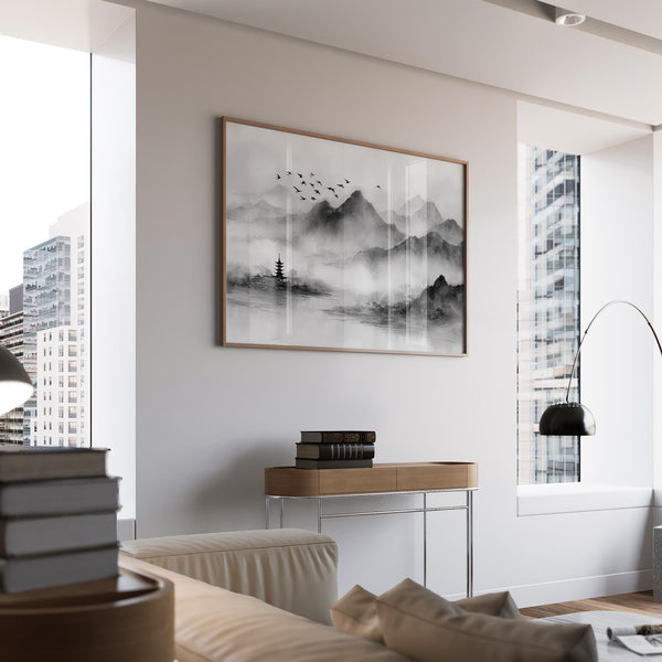 Flying birds over a misty valley with pagoda and mountains, black and white landscape print.