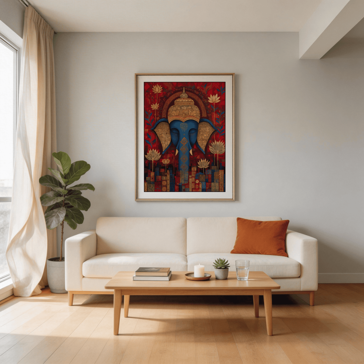 Ornamental Buddha-inspired elephant wall art print with geometric trunk pattern