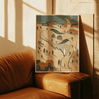 Winter village Snow Scene Wall Art print with main blue and orange hues