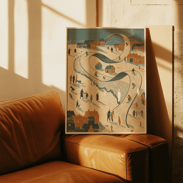 Winter village Snow Scene Wall Art print with main blue and orange hues