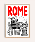 Rome City Art Print with red headline and black line-sketched Colosseum skyline