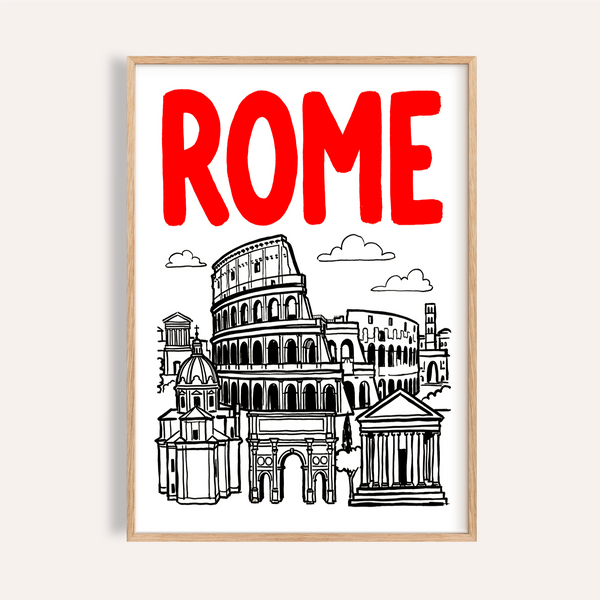 Rome City Art Print with red headline and black line-sketched Colosseum skyline