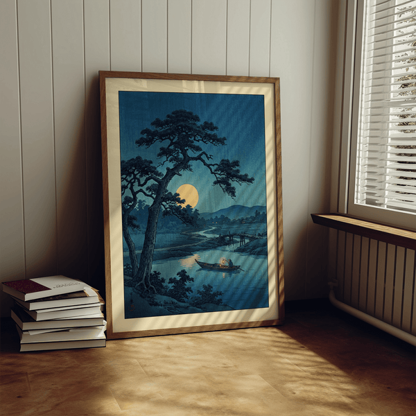 Night river wall art print with bridge in the distance and a lone rowboat