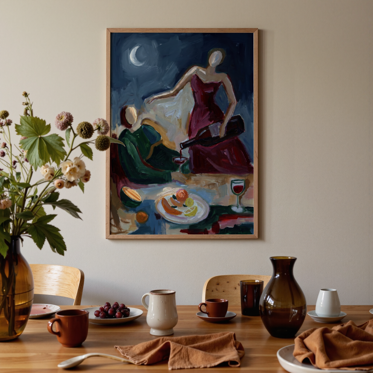 Moody dinner scene poster with two figures, fruit plate, and wine glass in Red Blue Green