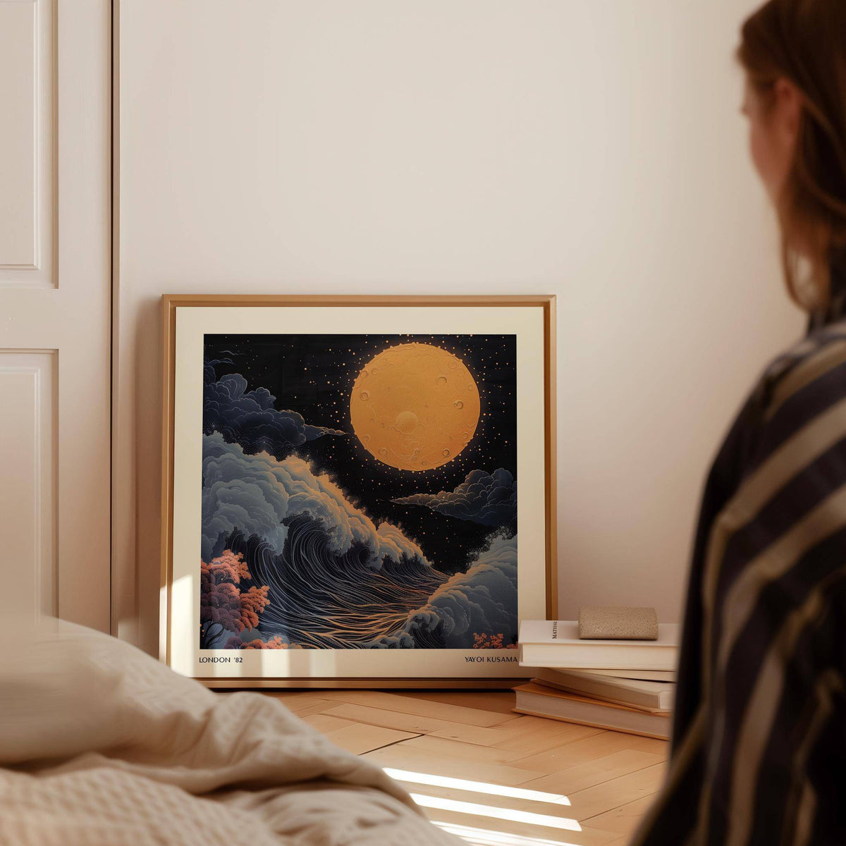 Unique Japanese art pictures featuring gold and navy contrasts