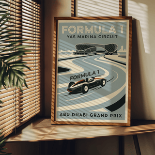Minimalist racing poster print with central open-wheel car and leading lines toward grandstand
