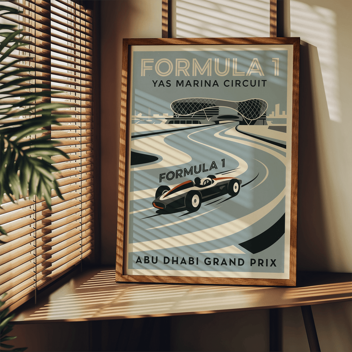 Minimalist racing poster print with central open-wheel car and leading lines toward grandstand