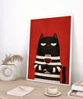 Cat Wine Art Print with Red background and Black cat for hallway decor