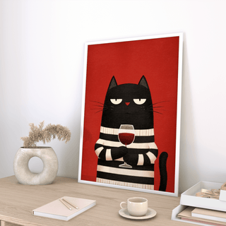 Cat Wine Art Print with Red background and Black cat for hallway decor