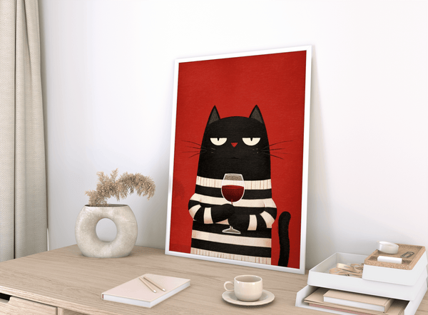 Cat Wine Art Print with Red background and Black cat for hallway decor