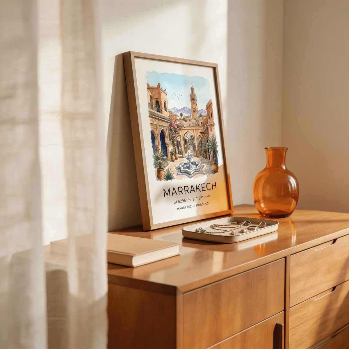Illustrated Marrakech Landscape Wall Art print showing market street under archway