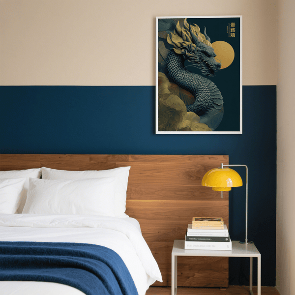 Chinese Dragon Art Print elegant blue gold for hallway display