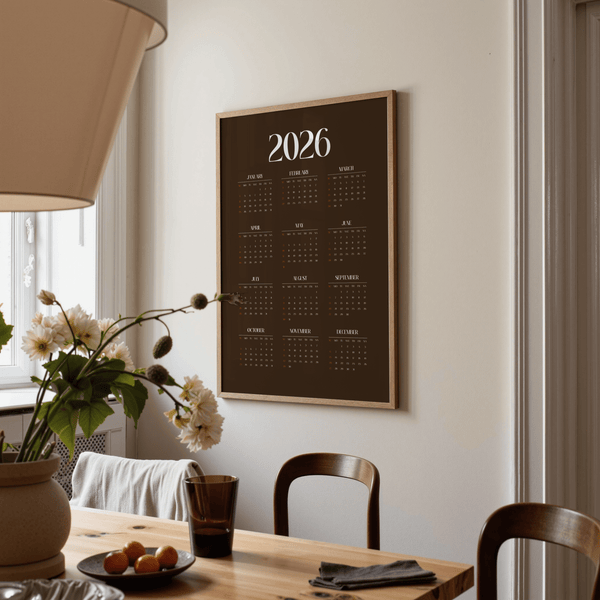 Large Brown Calendar Print poster, brown, orange, white, for conference room