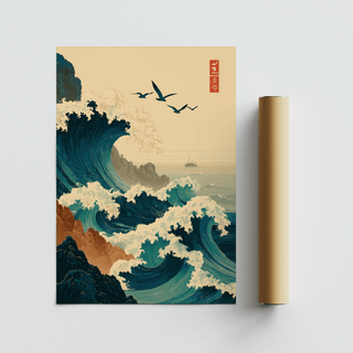 Dramatic curling crest wall art with small boat on the horizon