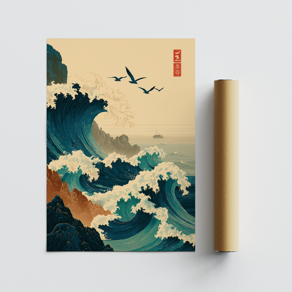 Dramatic curling crest wall art with small boat on the horizon