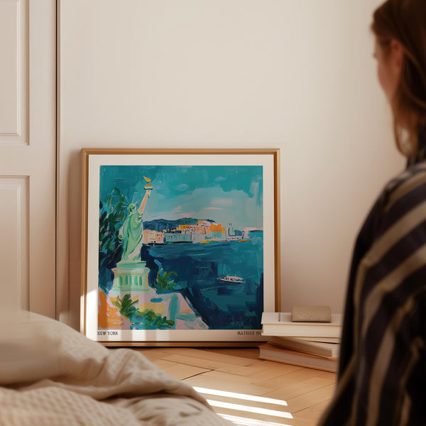 Painterly view of NYC landmark and water in Holiday Posters.