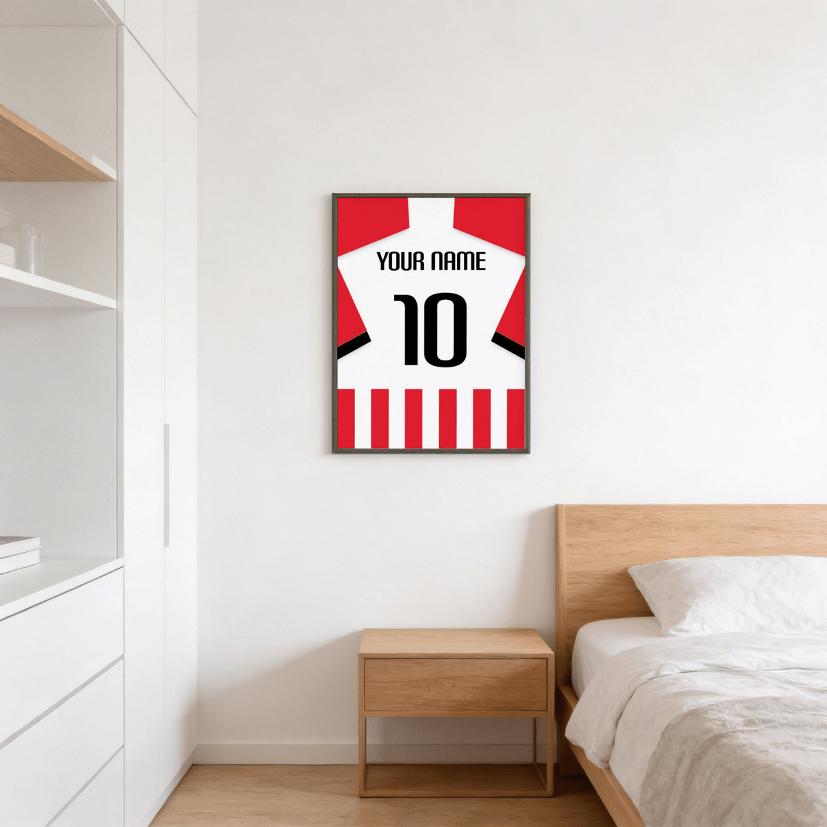 Cropped jersey-style wall art print showing YOUR NAME lettering and large 10