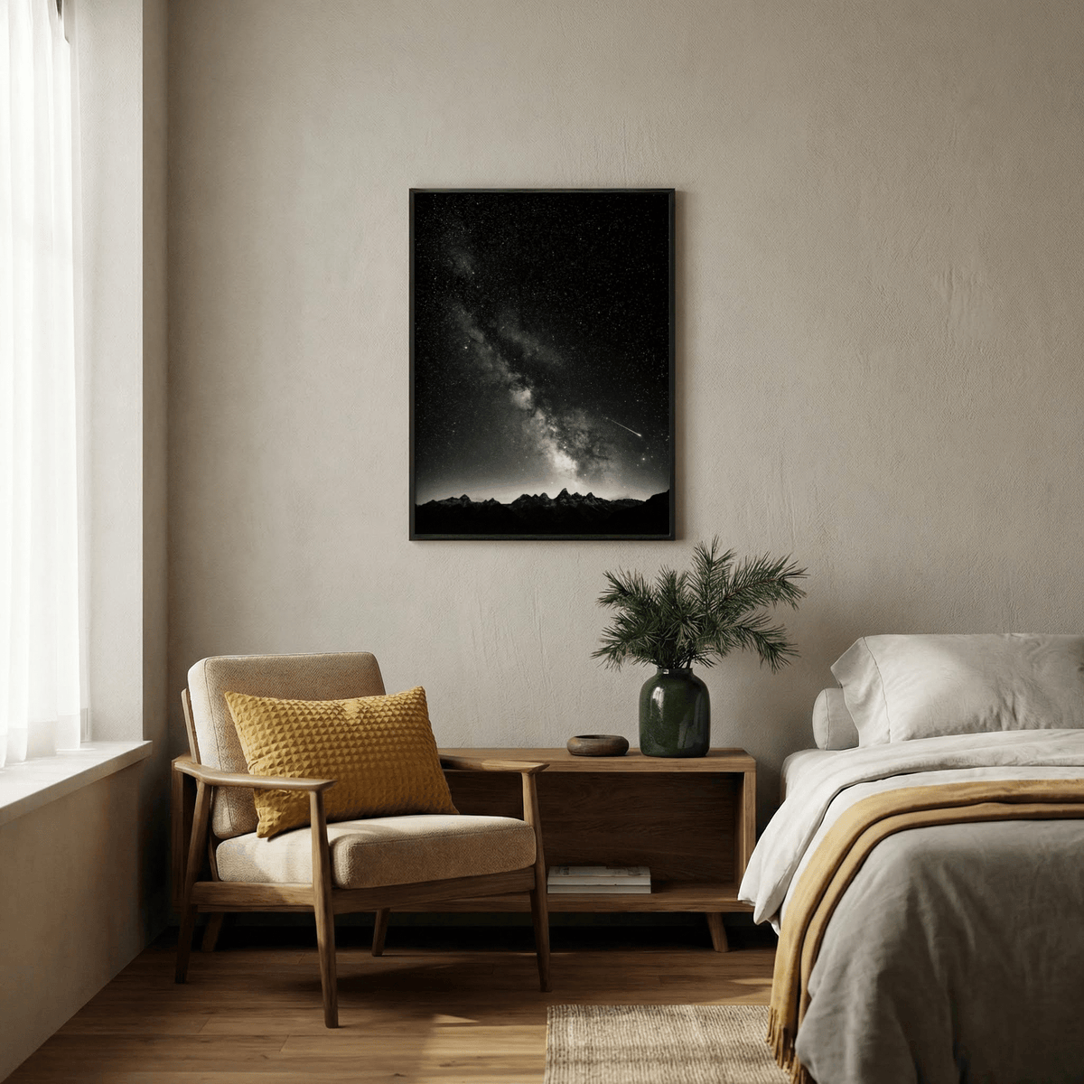 Crisp black and white astrophotography poster with speckled starlight and off-center galactic core