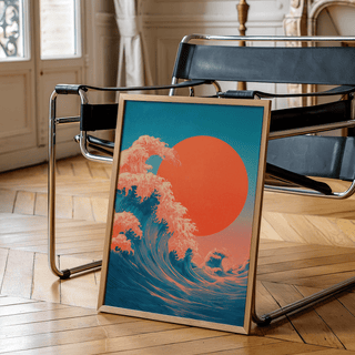 Japandi Waves Print Blue and Red poster for bedroom decor