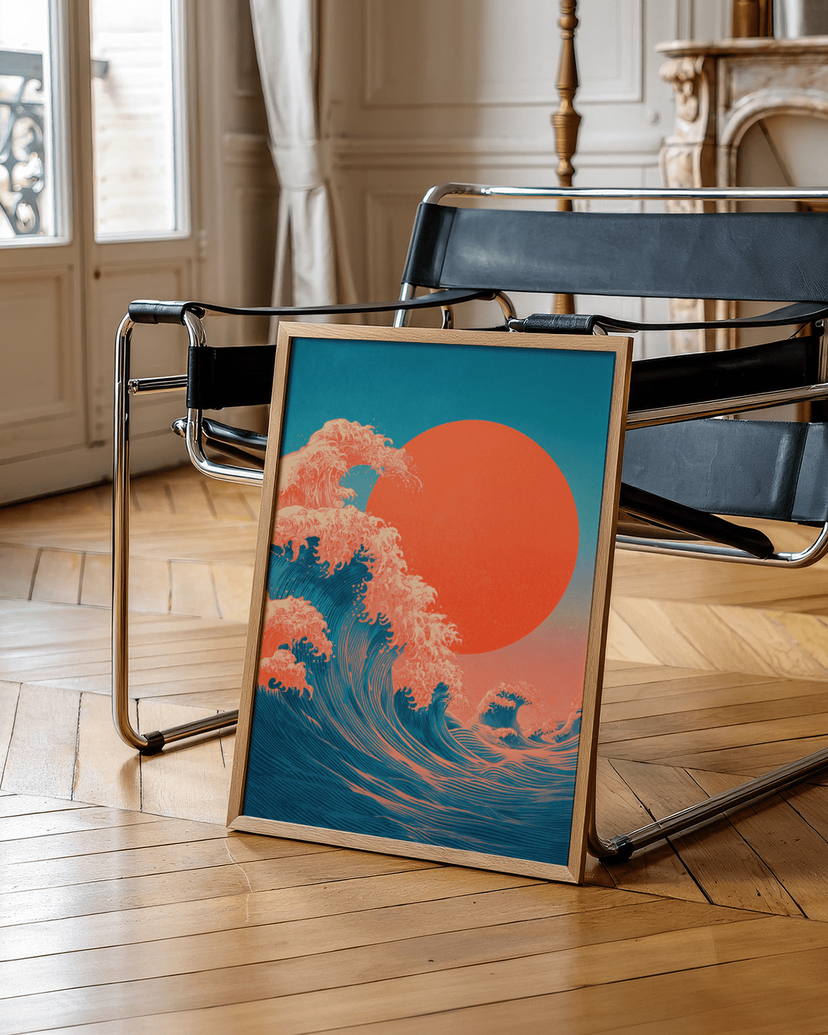 Japandi Waves Print Blue and Red poster for bedroom decor