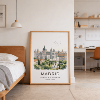 Cityscape poster print of Madrid, Spain with layered buildings, open white sky, and a central fountain