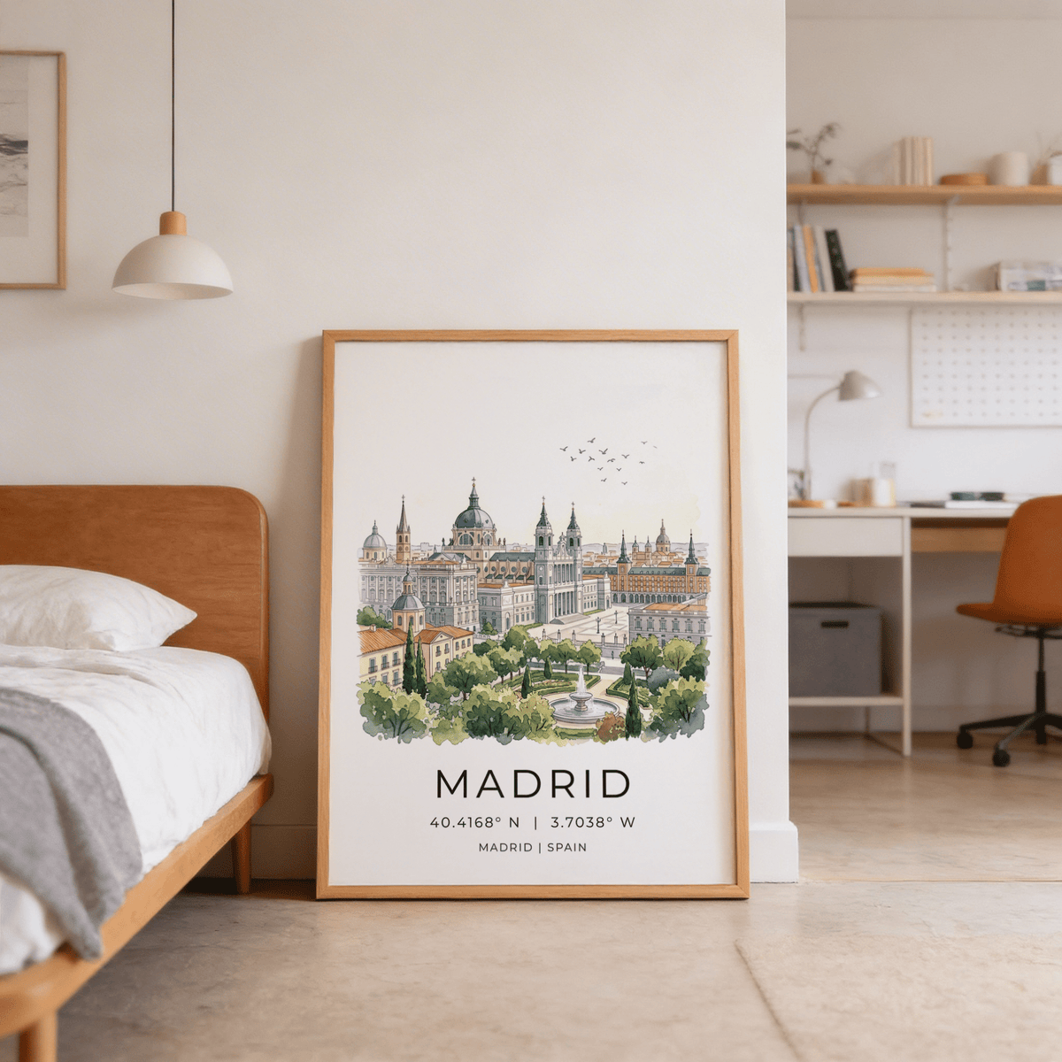 Cityscape poster print of Madrid, Spain with layered buildings, open white sky, and a central fountain