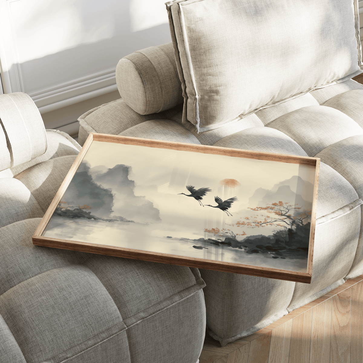 Traditional Ink Wall Art with Red sun and Gray landscape, hallway wall print