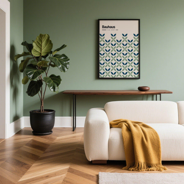 Minimalist blue and green wall art showing repeated geometric forms in two-tone color.
