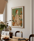 Floral Girl Illustration poster, girl with florals in green, beige, white, for hallway