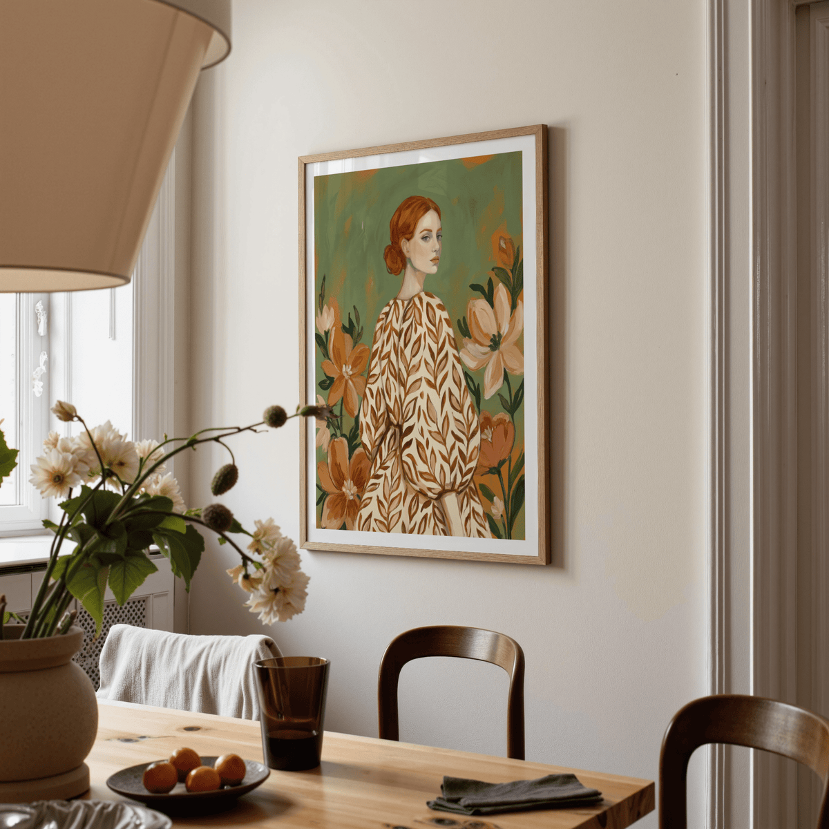 Floral Girl Illustration poster, girl with florals in green, beige, white, for hallway