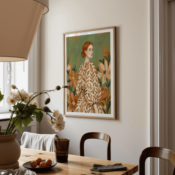 Floral Girl Illustration poster, girl with florals in green, beige, white, for hallway