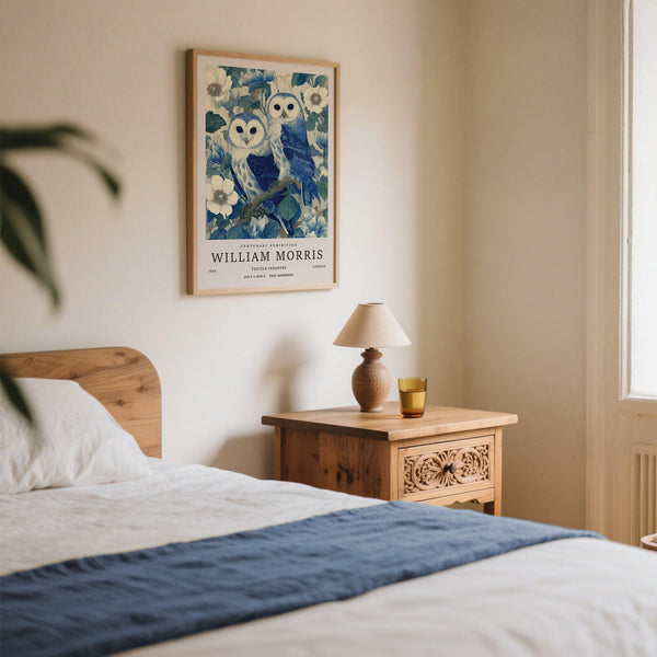 White-faced owls with navy feathers and cream flowers – Vintage Owl Print.