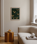 Depicting Golden Crane Wall Art poster with multiple cranes in flight and scattered dot pattern