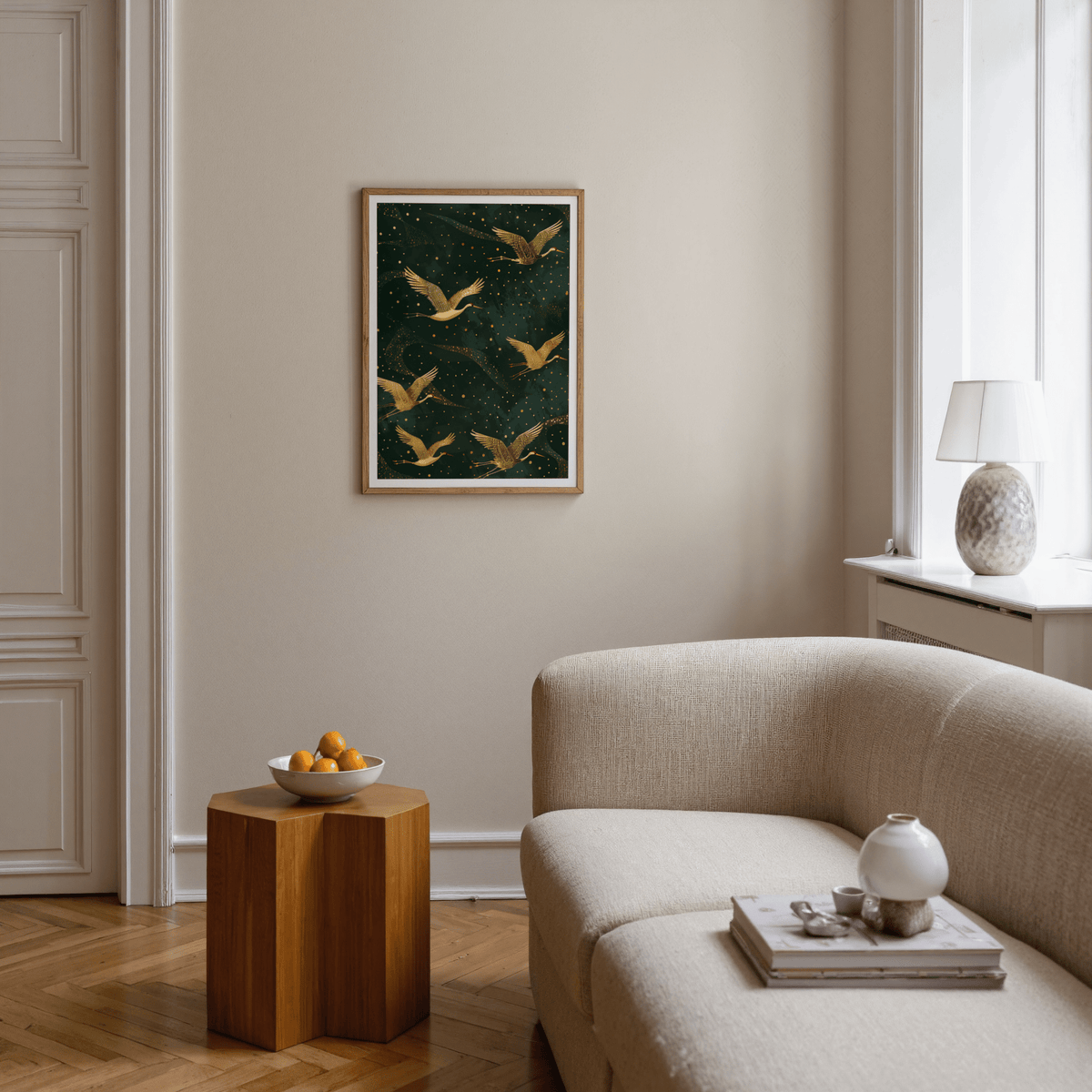 Depicting Golden Crane Wall Art poster with multiple cranes in flight and scattered dot pattern