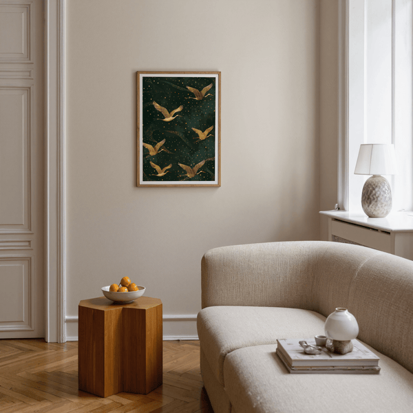 Depicting Golden Crane Wall Art poster with multiple cranes in flight and scattered dot pattern
