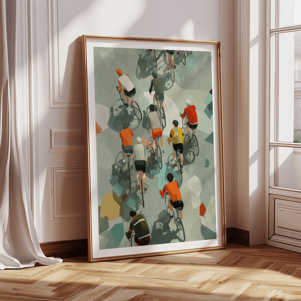 Crowded bike race poster print with jersey blocks and thin wheel lines