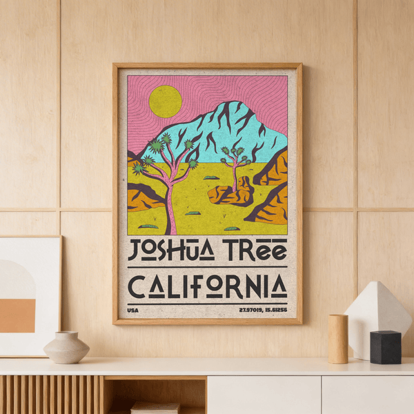 Graphic desert wall art with spiky yuccas under a round sun and strong horizon