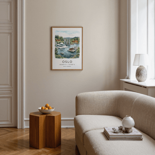 Illustrated harbor wall art print showing Oslo skyline towers, museum architecture, and small boats