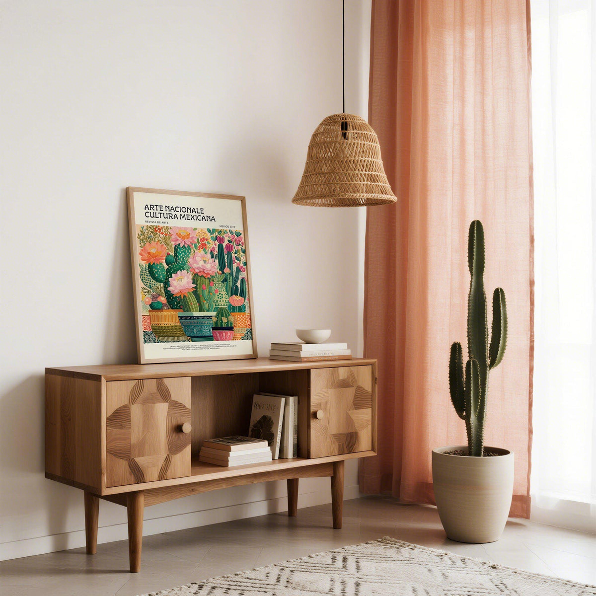 Detailed view of blooming cactus flowers in a Mexican wall art for living room decor scene.