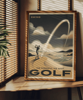 Retro-style Golf Tee Shot Art Print featuring “SWING” headline and sweeping trajectory line over fairway