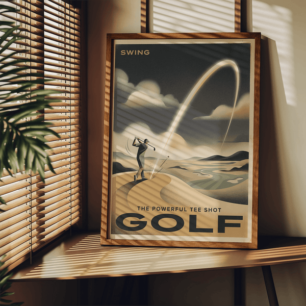 Retro-style Golf Tee Shot Art Print featuring “SWING” headline and sweeping trajectory line over fairway