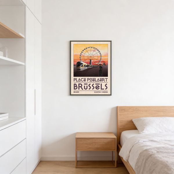 Observation wheel and dome silhouettes rendered in blocky Red, Yellow, Orange shapes