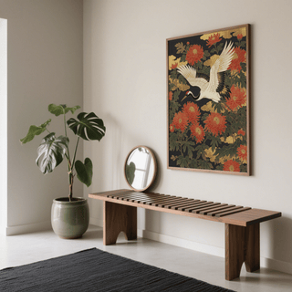 Crane Floral Art Print showcasing Red and White crane, perfect for office wall