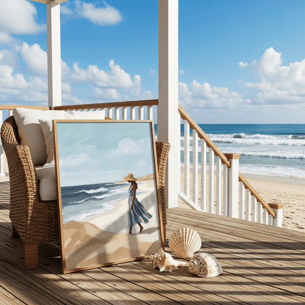 Minimalist Beach Woman Art Print for bathroom, showing Blue, Beige, White