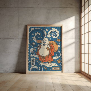 Laughing monk illustration surrounded by curling cloud scrolls