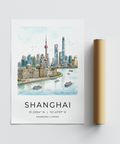 Travel city wall art print of Shanghai with birds over the skyline