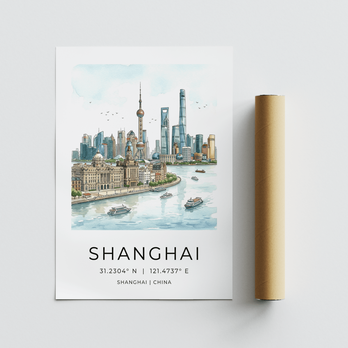 Travel city wall art print of Shanghai with birds over the skyline
