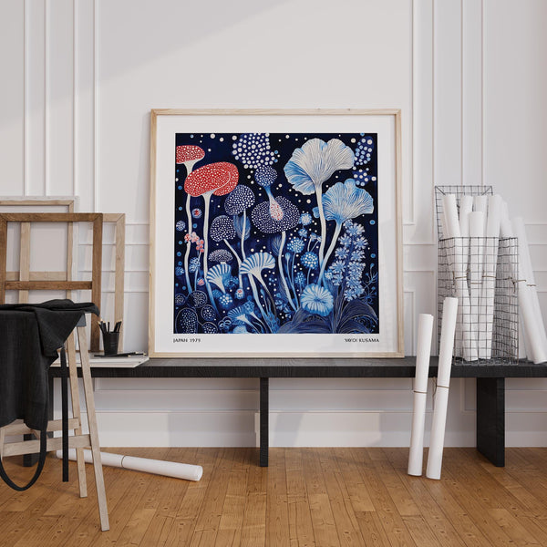 Japanese-style print featuring mushrooms in Red and Blue Wall Art